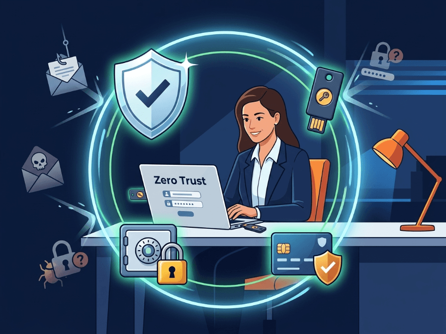 Business owner blocks cyber threats using layered security tools and policies.
