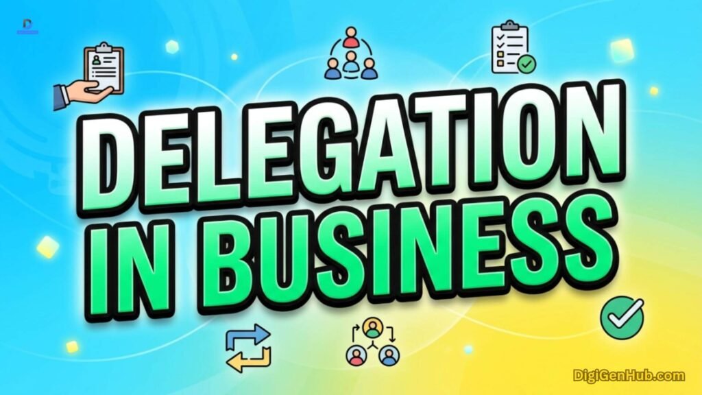 Business delegation illustration with teamwork and task management icons.