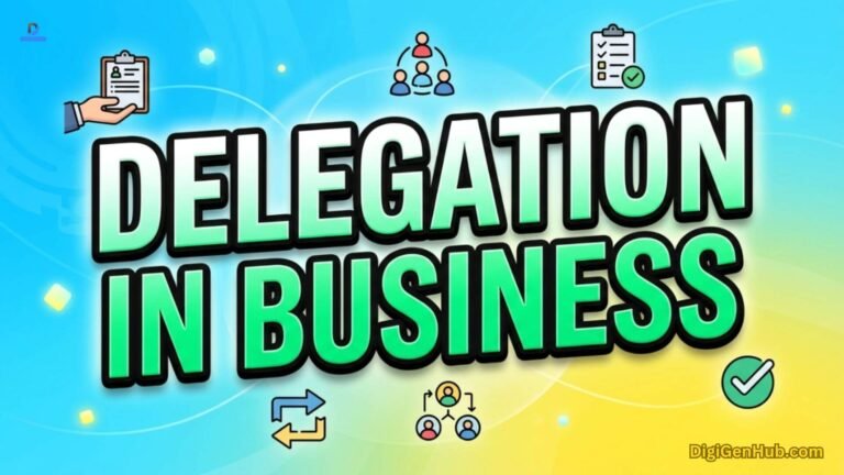 Business delegation illustration with teamwork and task management icons.