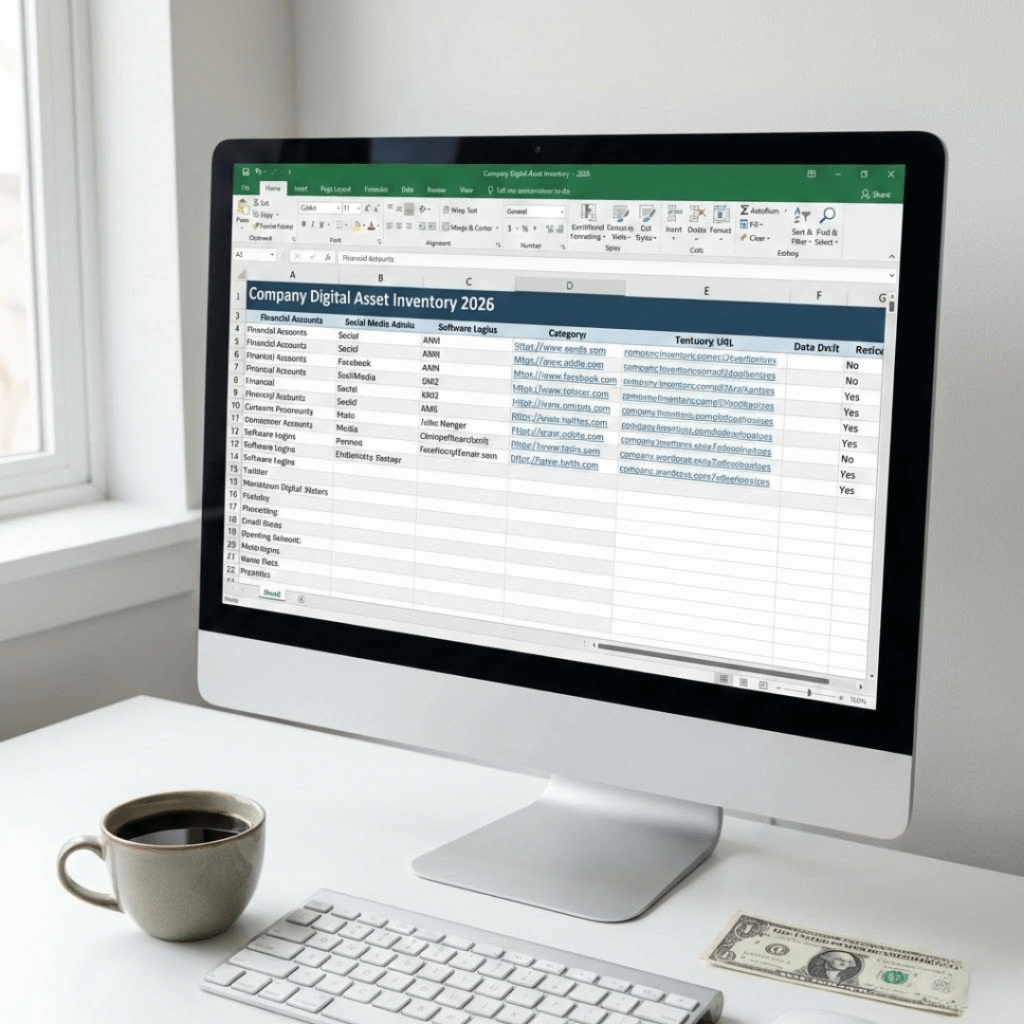 A computer monitor displaying a detailed digital asset inventory spreadsheet with columns for software names, login links, and admin owners.