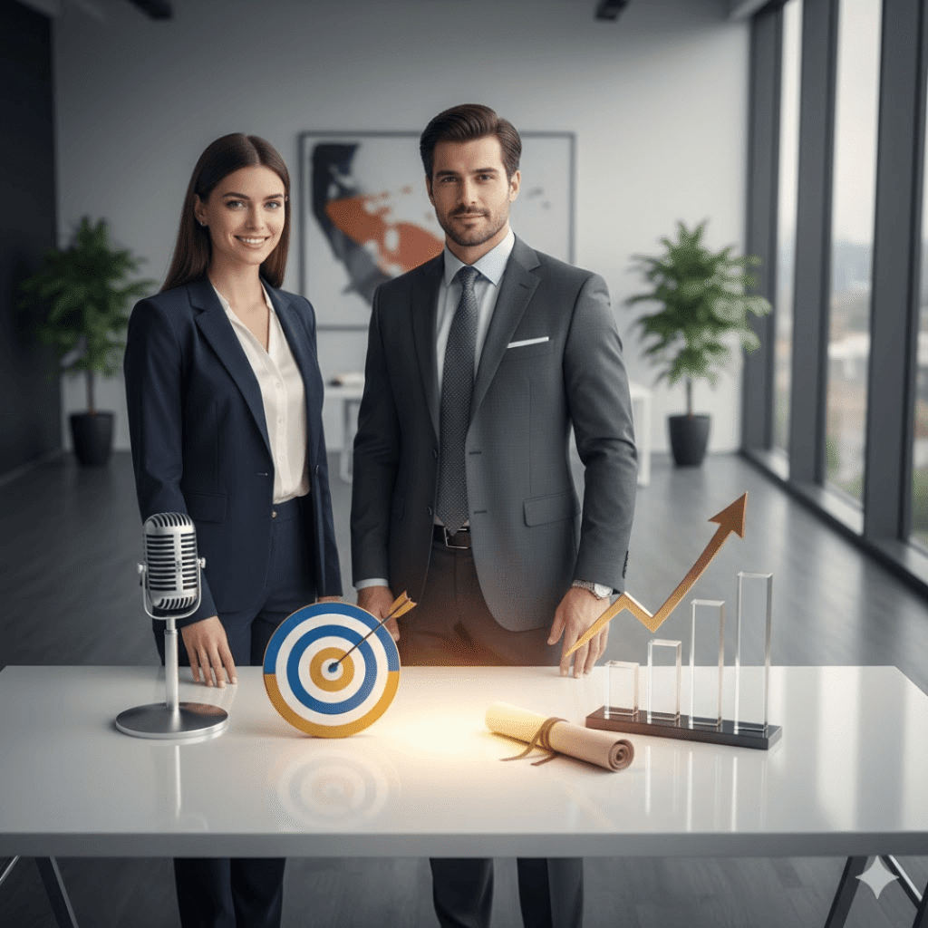 A collection of sleek digital icons representing communication, clarity, and strategy arranged on a modern office desk.