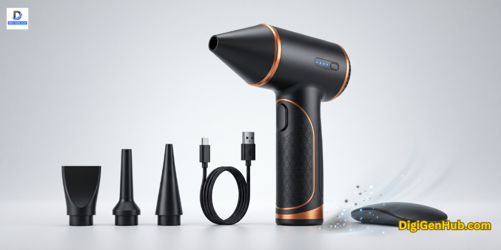 Black electric compressed air duster with nozzles and cable for PC cleaning.