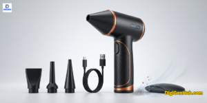 Black electric compressed air duster with nozzles and cable for PC cleaning.
