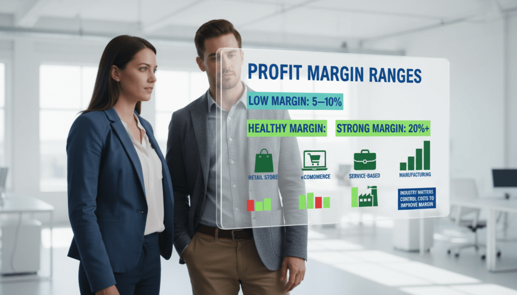 American business man and woman reviewing good profit margin chart
