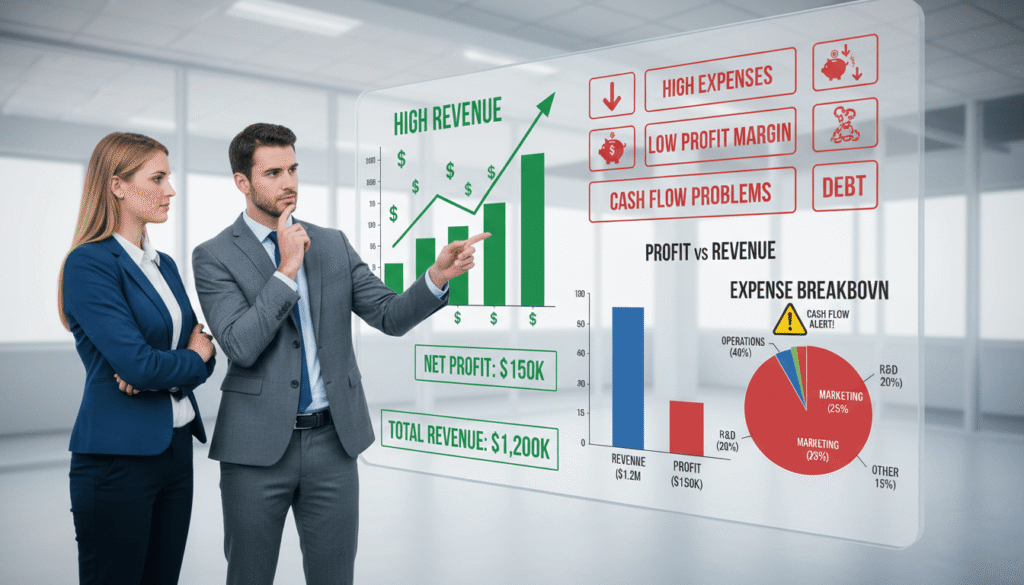 American business man and woman analyzing revenue versus profit infographic