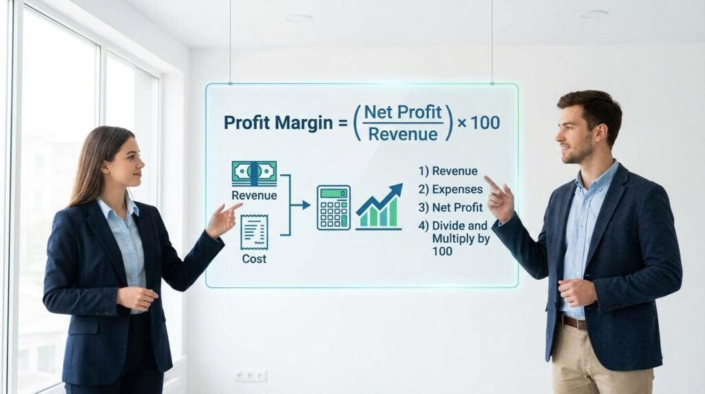 American business woman and man calculating profit margin formula infographic