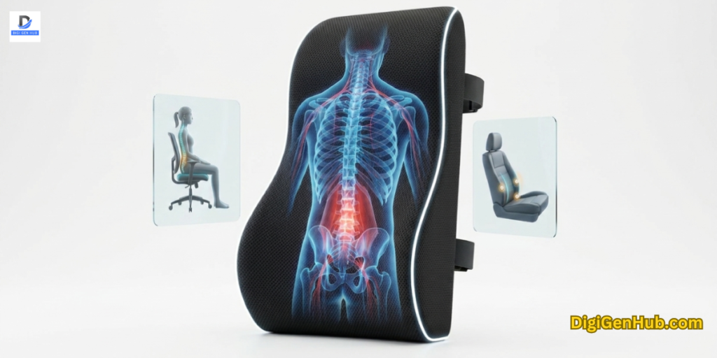 Black memory foam lumbar support pillow with glowing spine diagram and posture visualization.