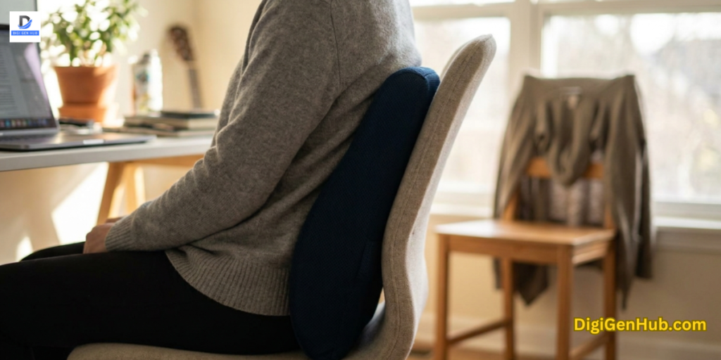person sitting with lumbar support pillow showing improved posture and back pain relief in comfortable workspace