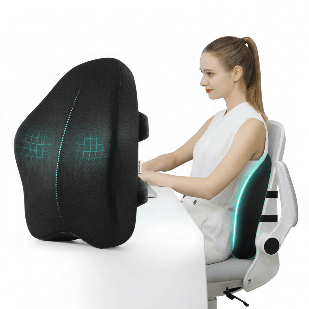 Ergonomic memory foam lumbar support pillow attached to office chair for lower back posture support