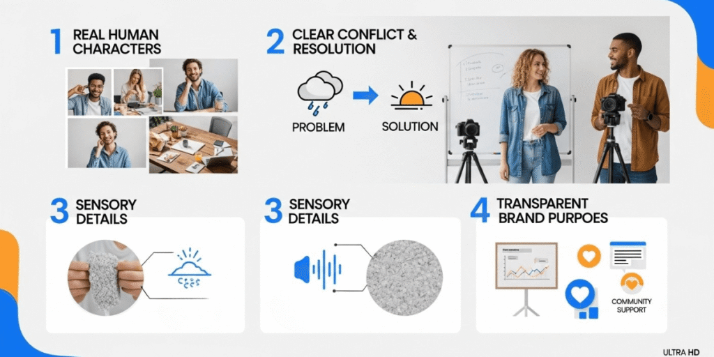 Key storytelling elements for marketers including characters conflict and brand purpose