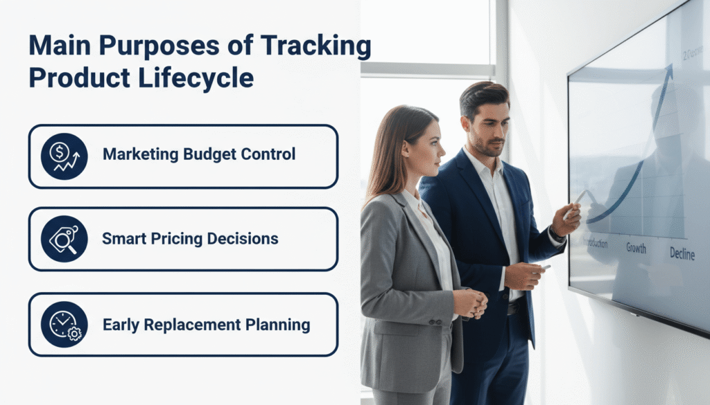 Main purposes of product lifecycle tracking infographic
