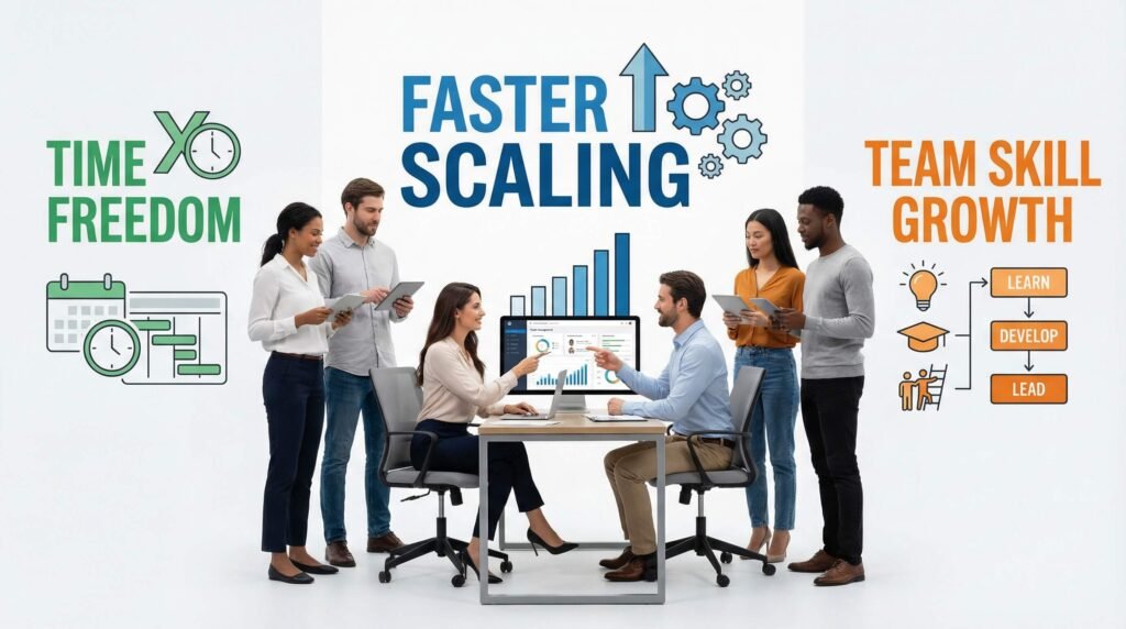 Business delegation benefits showing time freedom scaling and team growth