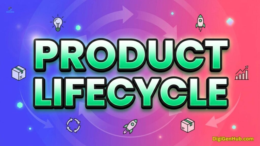 Product lifecycle illustration with development and growth icons.