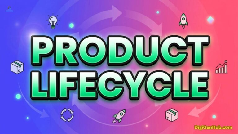 Product lifecycle illustration with development and growth icons.