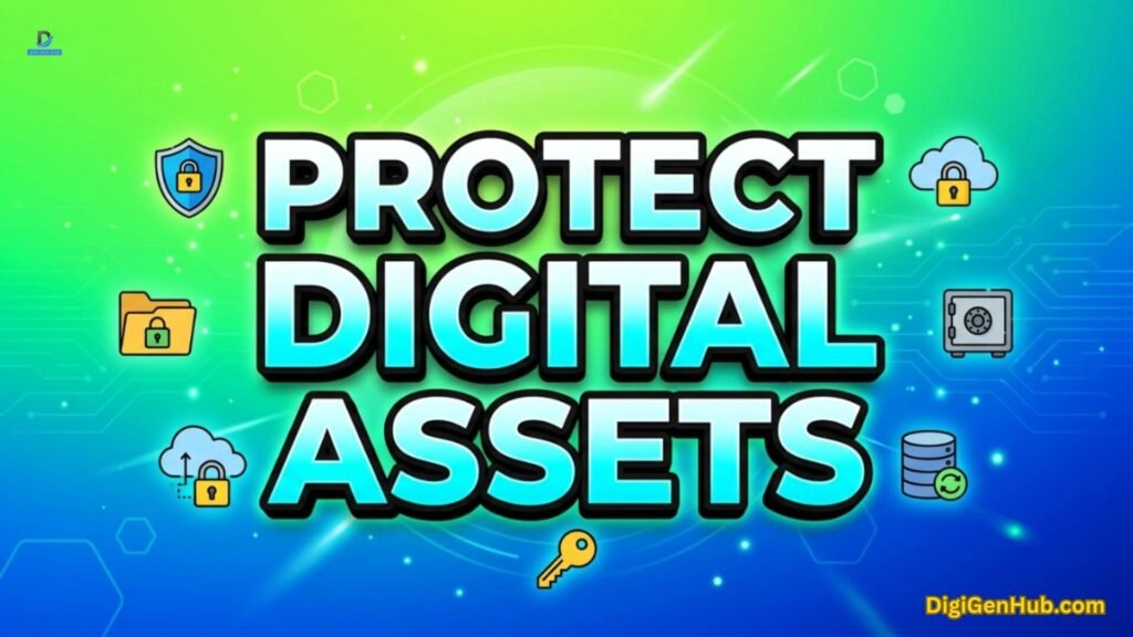 Digital asset protection illustration with encryption and security icons.