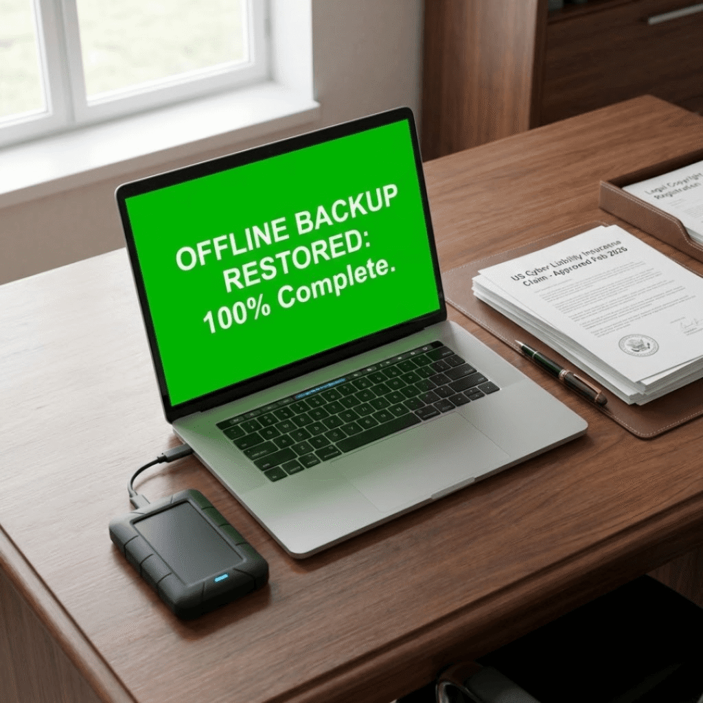 A desk showing a laptop with recovered data alongside approved US cyber liability insurance documents and legal IP registrations.