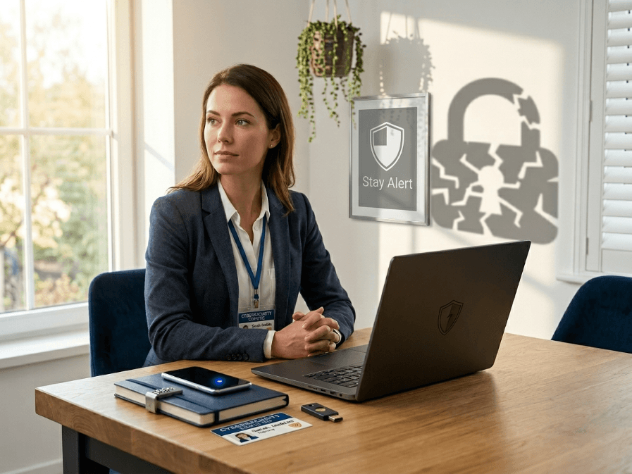 Remote employee working securely while facing hidden cybersecurity risks and threats.