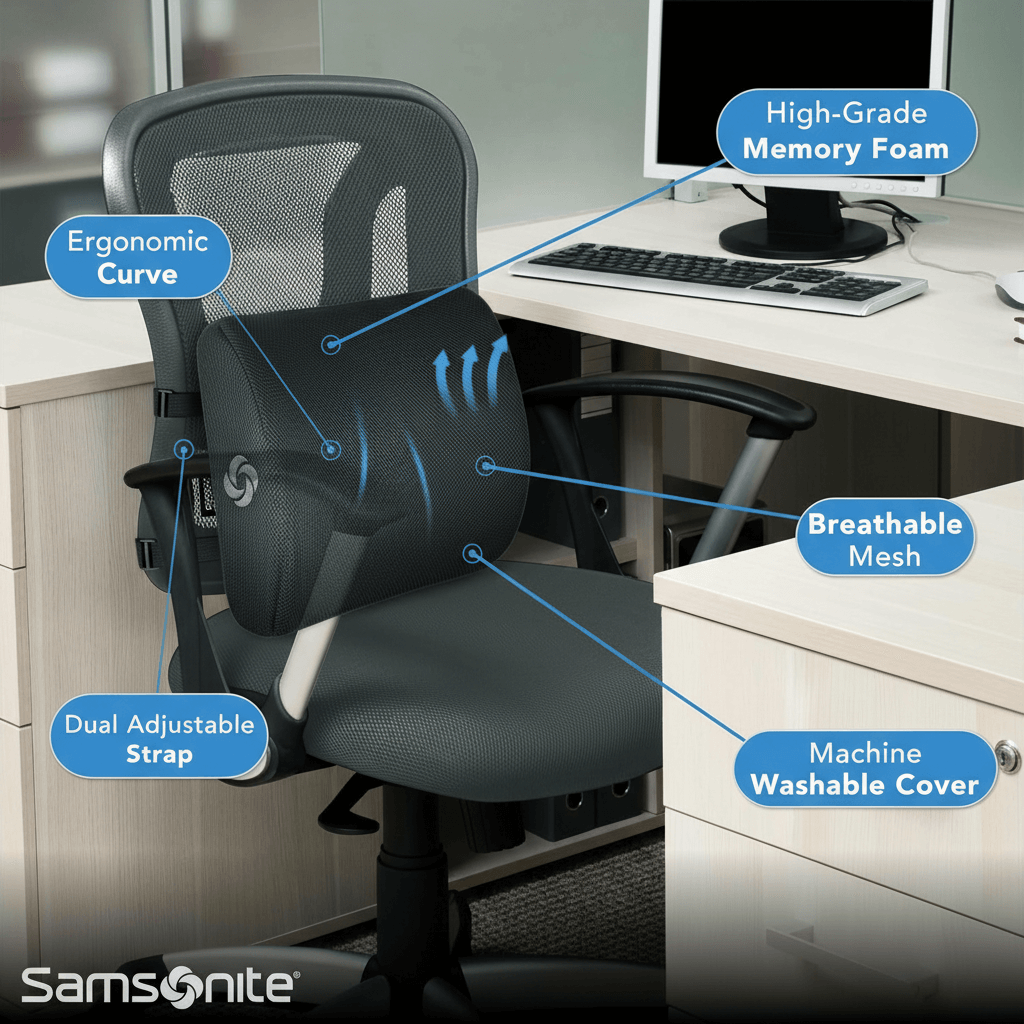 Samsonite memory foam lumbar support pillow attached to office chair providing ergonomic lower back support