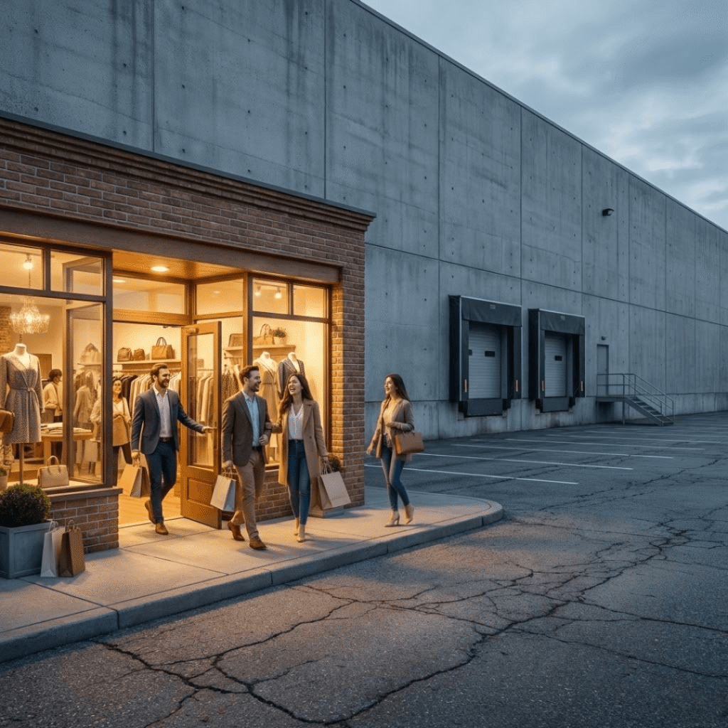 A brightly lit small boutique attracting customers next to a large, dull corporate warehouse.
