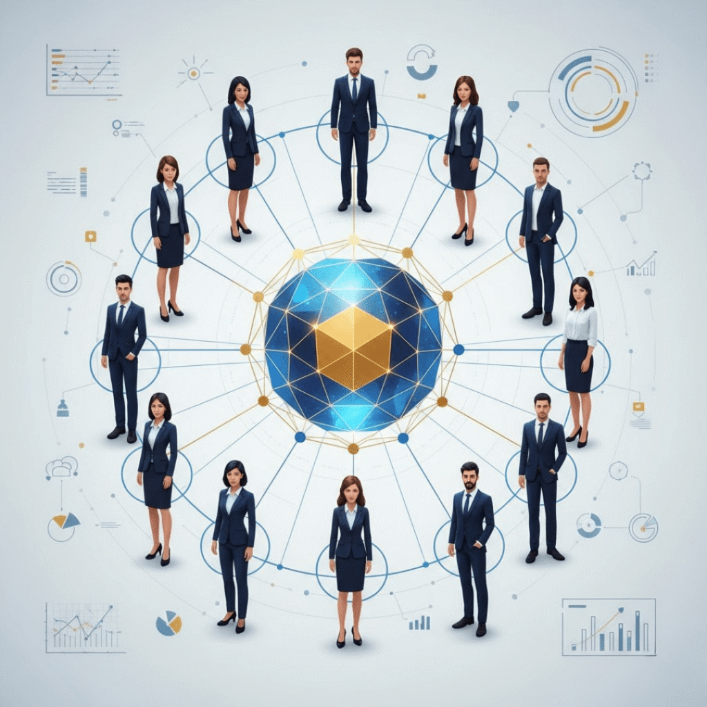 A glowing central object magnetically holding diverse customer icons firmly around it, symbolizing long-term loyalty and retention.