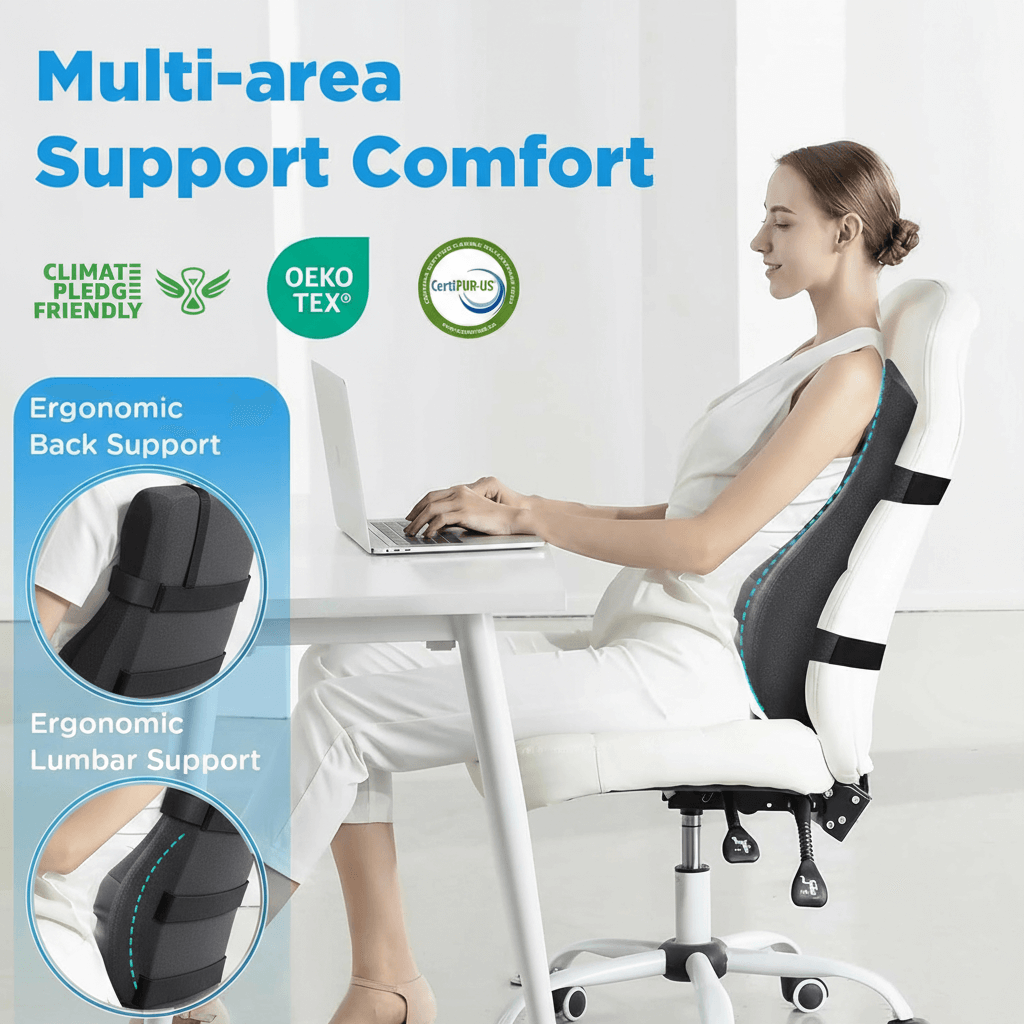 Teemour high back support pillow attached to office chair providing full spine and lumbar ergonomic support