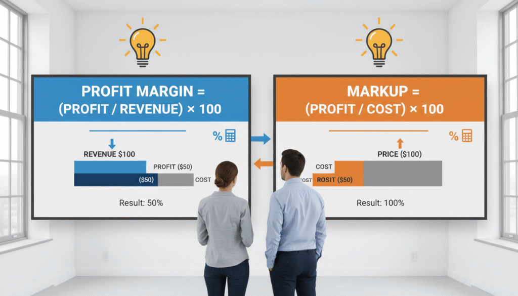 American business man and woman comparing profit margin and markup formulas infographic