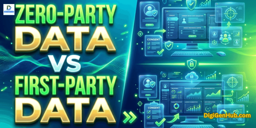 Zero-party data vs first-party data illustration with customer analytics dashboard and neon green marketing technology design