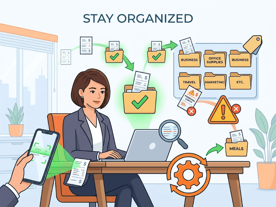 Business owner organizing receipts and transactions for accurate expense categorization records.