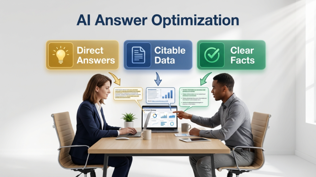 Woman and man implementing AI content strategy for search engines