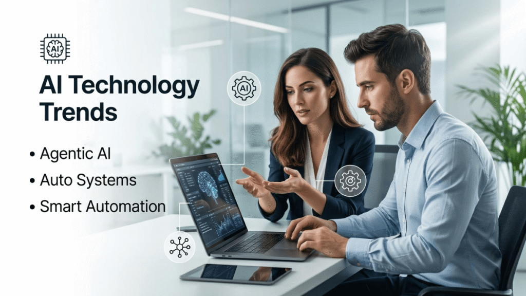 Man and woman using artificial intelligence tools and autonomous technology systems
