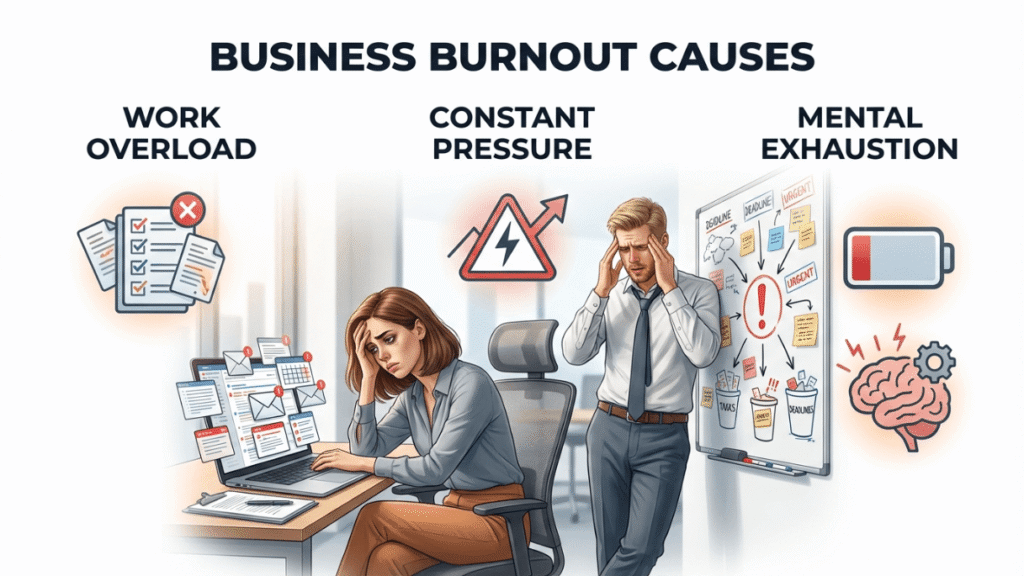 Man and woman discussing business burnout causes and workload stress
