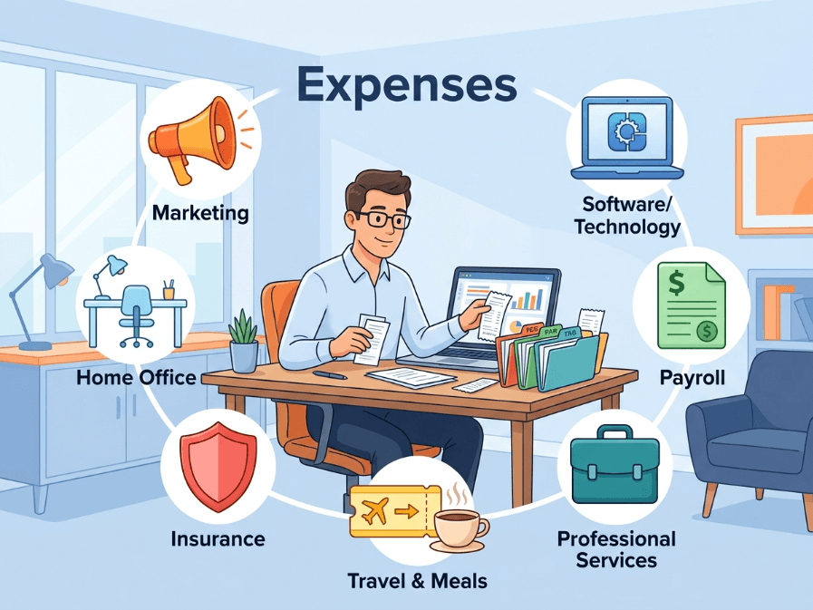 Business owner organizing expense categories for accurate tracking budgeting and taxes.