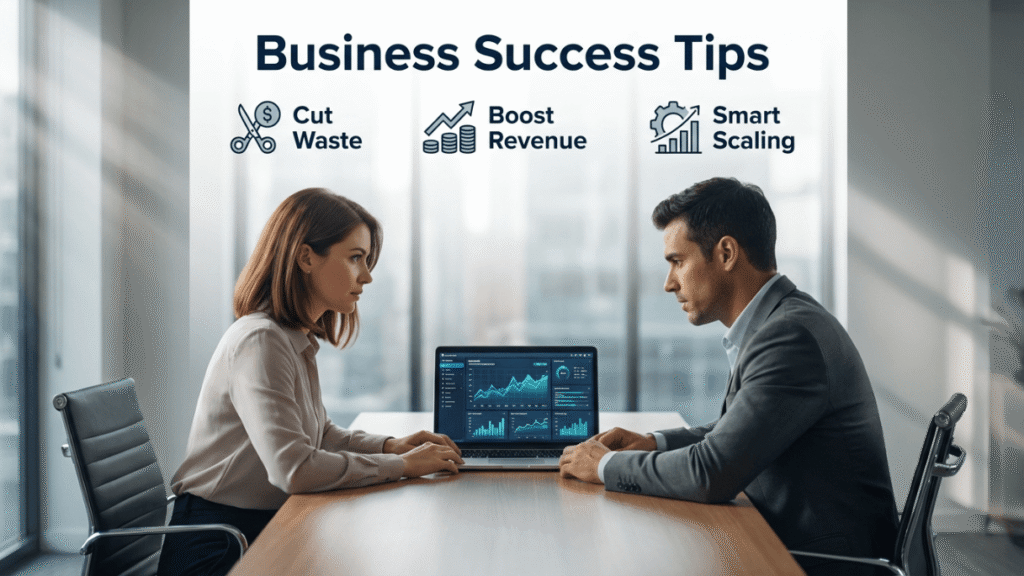 Man and woman planning business growth strategies with charts and analytics