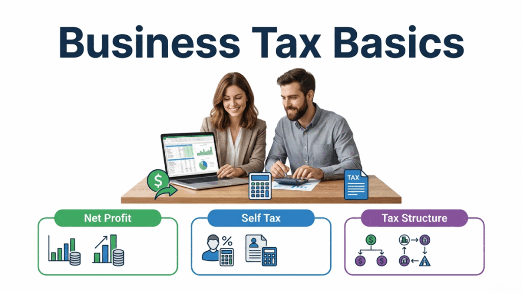 Man and woman reviewing small business taxes and profit calculations together
