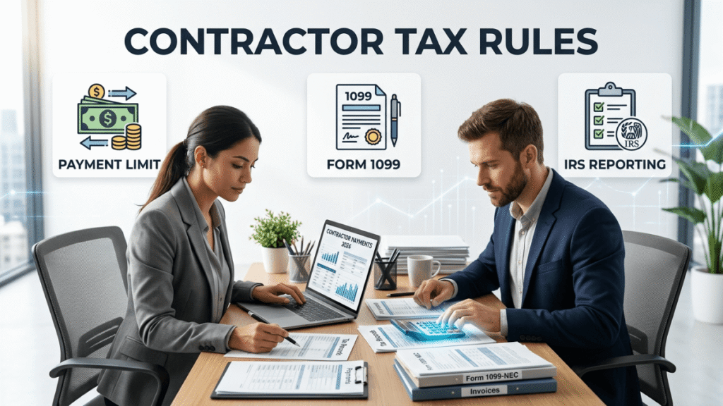 Man and woman reviewing contractor payments and IRS tax reporting forms