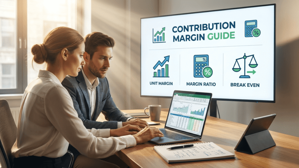 Man and woman analyzing contribution margin and business profit calculations