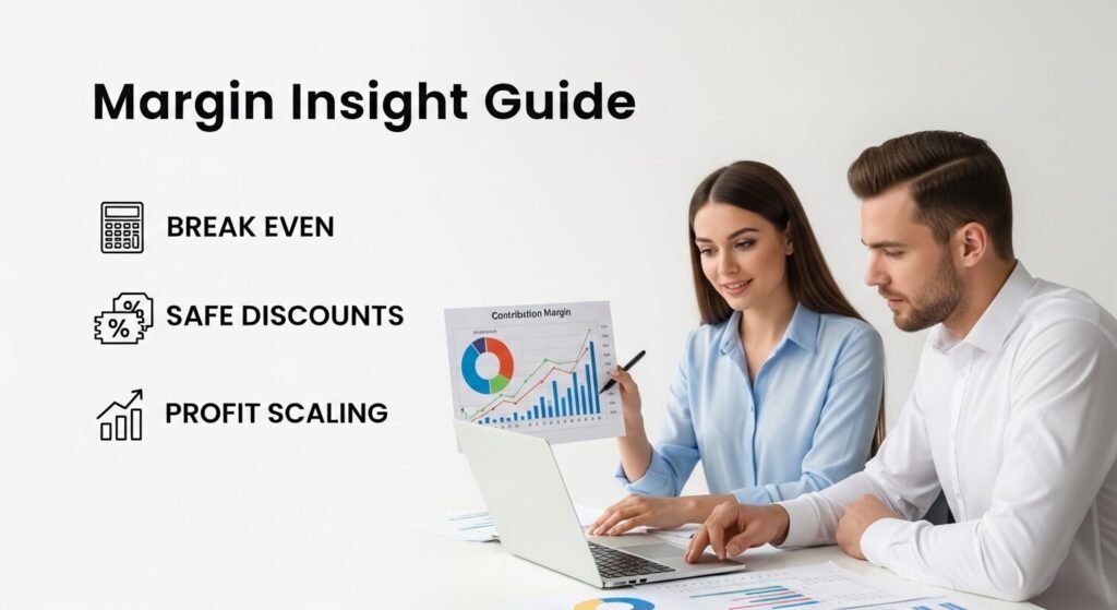Man and woman reviewing contribution margin insights and business profitability charts
