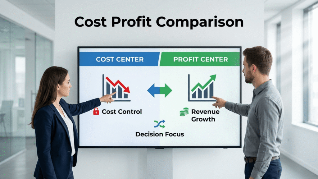 Man and woman comparing cost center and profit center business roles

