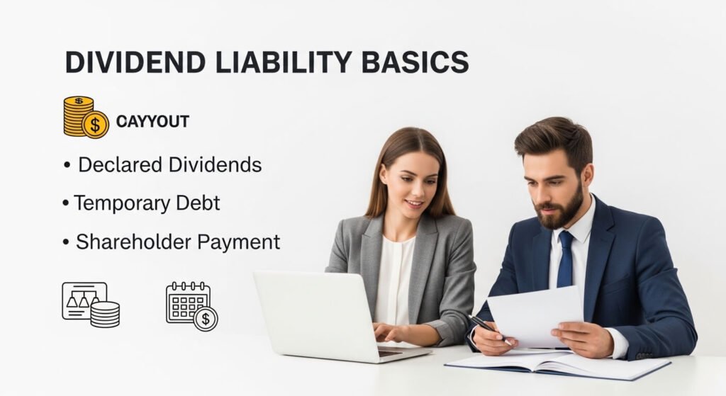 Man and woman reviewing dividend declaration and accounting liability on financial reports