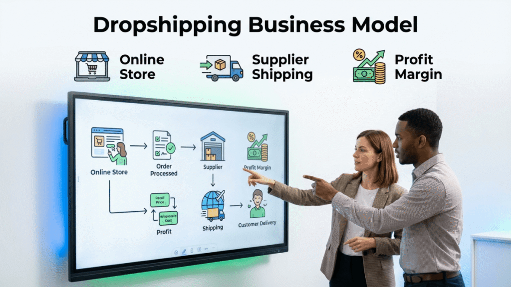Man and woman explaining dropshipping process with supplier and customer
