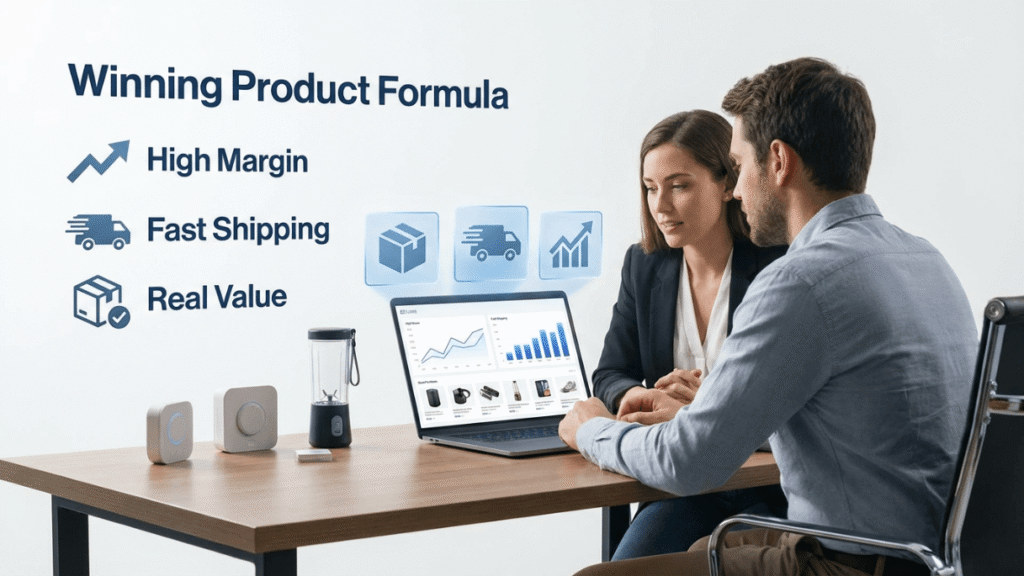 Man and woman analyzing profitable dropshipping products and sales performance
