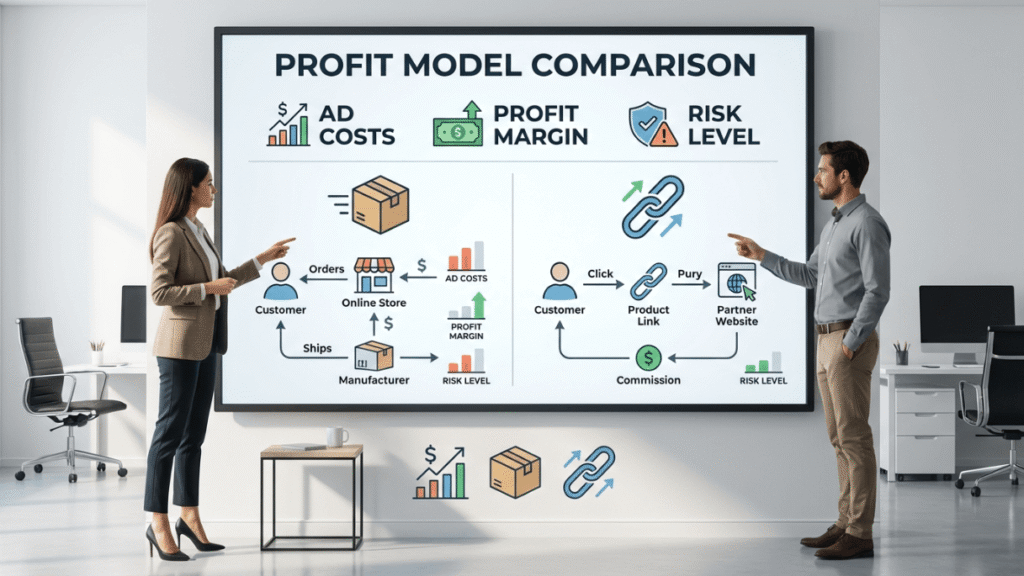Man and woman comparing dropshipping and affiliate marketing profits
