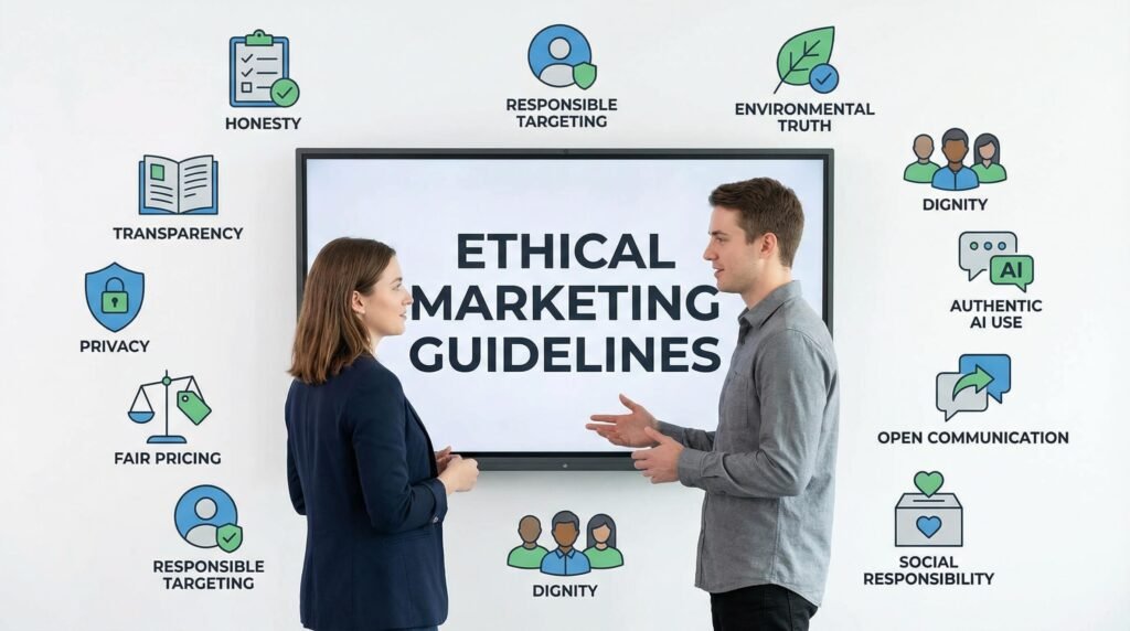 Business team reviewing ethical marketing principles with symbol icons