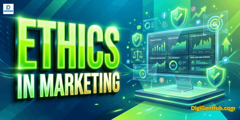 Ethics in marketing illustration with business trust analytics dashboard and neon green branding design