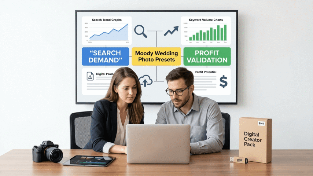 Man and woman analyzing search data to validate hobby demand
