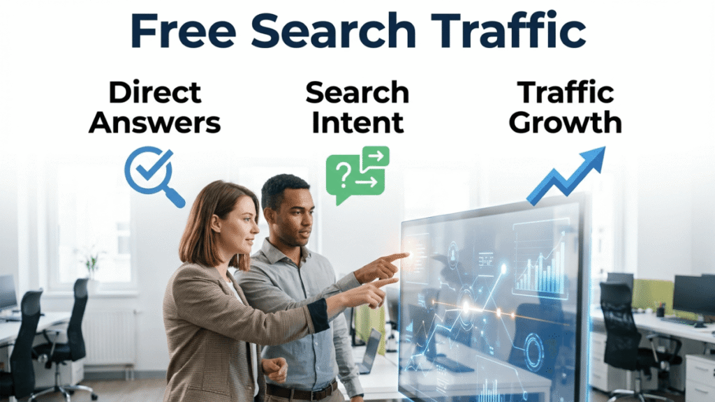 Man and woman presenting free search traffic strategy points