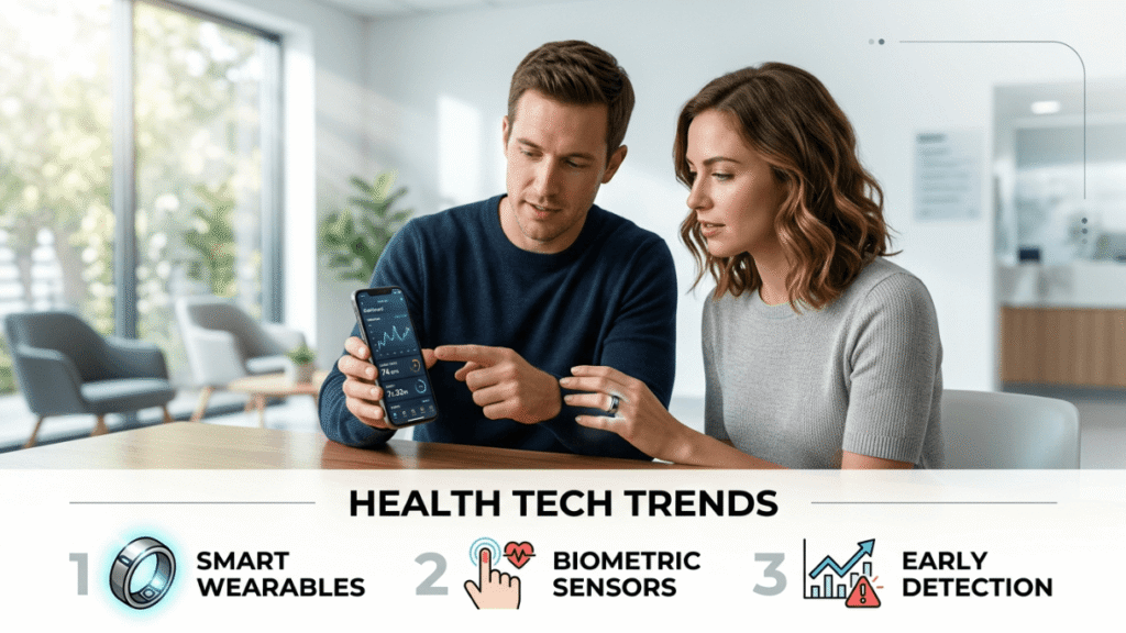 Man and woman checking biometric wearable health data on smart devices