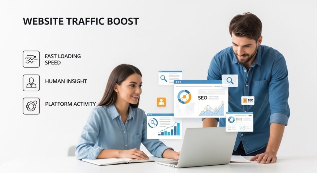 Woman and man analyzing website traffic and SEO performance on a laptop