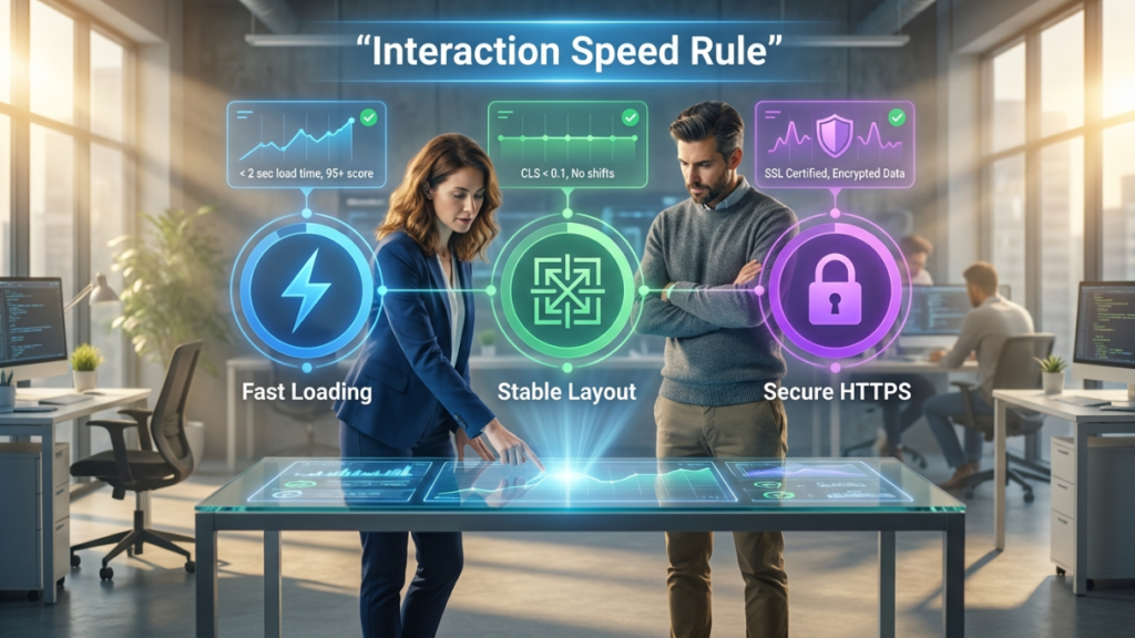 Woman and man optimizing website speed and stability for technical authority