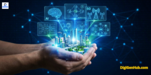 Futuristic visualization of latest technology trends featuring AI and digital innovation